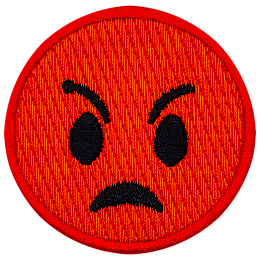 This red emoji is very mad. Its eyebrows slant down towards the center of its face, it has big, wide oval eyes, and its mouth is set in an angry frown.