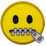 A yellow circle forms a face with its mouth zippered closed to signify lips sealed.