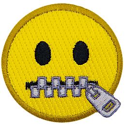 A yellow circle forms a face with its mouth zippered closed to signify lips sealed.