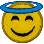 A yellow circle forms a smiling face with a halo wrapped around the top of its head.