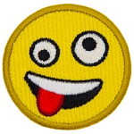 An emoji with two different-sized eyes and its tongue out.