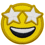A yellow circle forms an emoji face with starry eyes and a wide smile spread over its face.