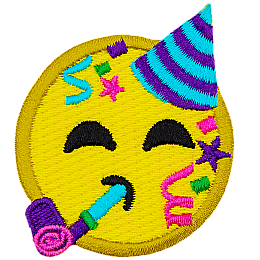 A yellow circle forms an emoji face wearing a birthday hat and blowing on a birthday horn. Streamers, confetti, and stars rain down on either side of its face.
