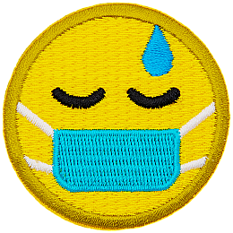 A round, yellow emoji face has a sweat drop above its eye and a medical mask over its mouth.