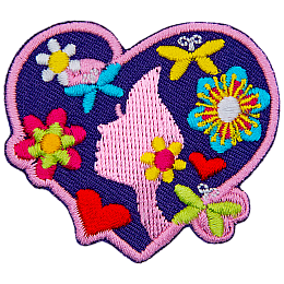 A heart-shaped patch with a feminine face in the center, the rest of the heart is her hair. The heart is covered in multi-coloured flowers.