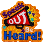 The words Speak Out Be Heard. The word Out is on a red Megaphone.