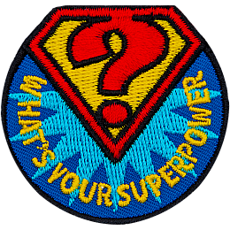 A red diamond outline with a yellow center holds a red question mark inside. The diamond sits on a circle with the words What's Your Superpower?