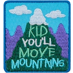 The words Kid You'll Move Mountains are stitched across a green mountain.