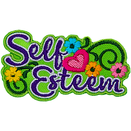 The words Self Esteem are written in cursive script and are surrounded by flowers and green vines.
