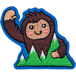 This happy bigfoot waves a warm welcome as they hold onto mountains.