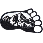 Bigfoot walking through the woods inside a footprint. 
