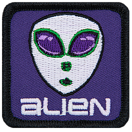 A classic alien head with big eyes and white skin on a purple background. The word Alien is below the head.