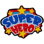 The words Super Hero in blue and red thread.