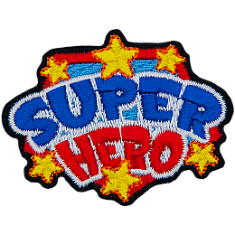 The words Super Hero in blue and red thread.