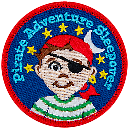 A young boy with an eyepatch and a red bandana. The words Pirate Adventure Sleepover are in an arc above his head.