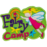 A blonde fairy with clear wings adds the dot to the I in Fairy Camp with her wand.