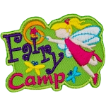 A blonde fairy with clear wings adds the dot to the I in Fairy Camp with her wand.