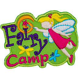 A blonde fairy with clear wings adds the dot to the I in Fairy Camp with her wand.