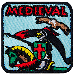 A jouster on horseback carrying a black and red flag. The word Medieval is above them.