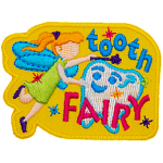 A fairy is tapping a cartoon tooth with her wand. The words Tooth Fairy surround the tooth.