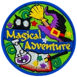 A beaker, spell book, witches hat and black cat surround the words Magical Adventure.