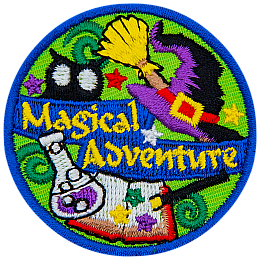 A beaker, spell book, witches hat and black cat surround the words Magical Adventure.