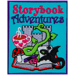 An open book has many fairytale elements coming out of it. The words Storybook Adventure are at the top.