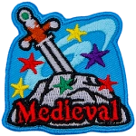 A sword is buried deep within a stone as magical stars and swirls spin about it. The word Medieval is embroidered near the bottom in red.