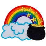 A rainbow arcs over a puffy white cloud, ending in a pot of gold. Stars appear to be coming from the rainbow to fill the pot.