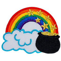 A rainbow arcs over a puffy white cloud, ending in a pot of gold. Stars appear to be coming from the rainbow to fill the pot.