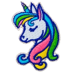 A unicorn profile is shown with a rainbow horn and mane.