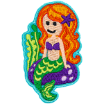 A mermaid sits on a rock at the bottom of the ocean floor. She has long hair with a starfish and a smile. Two stocks of seaweed sway off to the left of the crest.