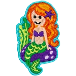 A mermaid sits on a rock at the bottom of the ocean floor. She has long hair with a starfish and a smile. Two stocks of seaweed sway off to the left of the crest.