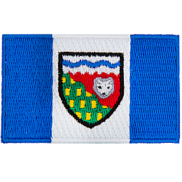 This flag is composed of three vertical bars, two blue outer bars and a white center bar. The Northwest Territories shield is in the center of the flag.