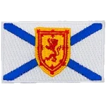This white flag has two blue bars crossing in an X through the center of the flag. Also in the center is a yellow shield displaying a red lion.