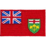 This rectangular patch features a bright red background. In the top left quarter sits the blue and red Union Jack. Near the bottom right of the flag is the provincial shield of Ontario.
