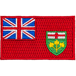 This rectangular patch features a bright red background. In the top left quarter sits the blue and red Union Jack. Near the bottom right of the flag is the provincial shield of Ontario.
