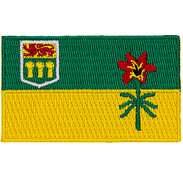 The top bar is green, the bottom bar is yellow. A coat of arms is in the left corner and Saskatchewan's provincial flower is in the right.