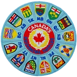A wheel made of all the provincial flags of Canada. Each flag is labelled by its provincial abbreviation. 