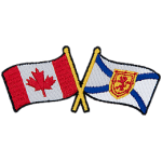 The Canadian flag is on the left, the Nova Scotia flag is on the right with the poles crossed over each other.