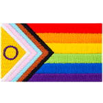 The progress pride flag is displayed with its rainbow of colours and arrow-shaped lines.