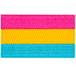 The pansexual pride flag displays 3 thick horizontal stripes of pink, yellow, and blue.