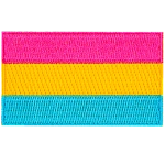 The pansexual pride flag displays 3 thick horizontal stripes of pink, yellow, and blue.