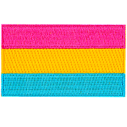 The pansexual pride flag displays 3 thick horizontal stripes of pink, yellow, and blue.