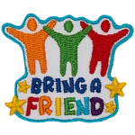 Three figures with hands raised in joy above the words Bring A Friend.
