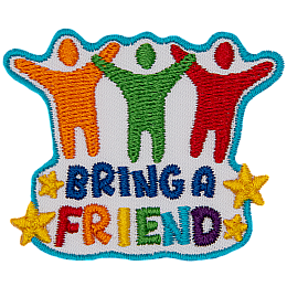 Three figures with hands raised in joy above the words Bring A Friend.