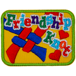 The words Friendship Knot are over the top of a knot made from red and blue string on a yellow background.