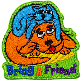 A tired cat rests on top of a tired dog with the text Bring A Friend embroidered underneath.