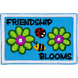 Two green flowers are on either side of a ladybug and bumblebee. The text around them reads Friendship Blooms.