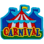 A red and white carnival tent is in the midground, with two blue ones in the background. The word Carnival is in the foreground.